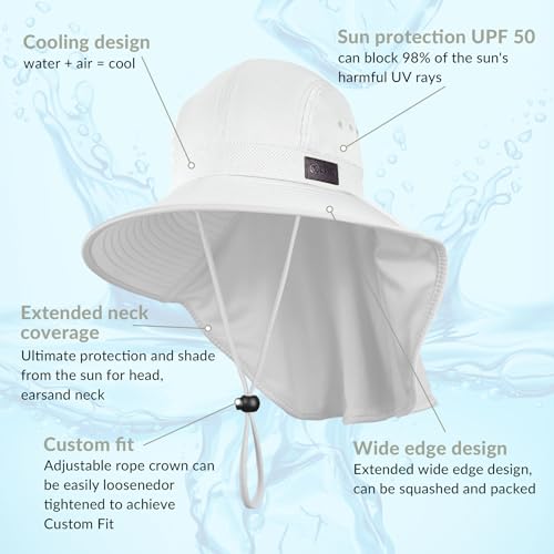 Cooling Sun Hat for Men Women UPF50+ Wide Brim Fishing Hat with Neck Flap Adjustable Foldable Bucket Hat for Hiking White (White)
