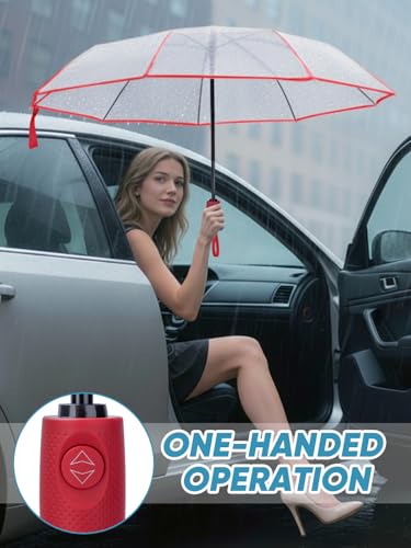 Windproof Travel Umbrellas for Rain and Sun (Clear-Red / 1 PK)