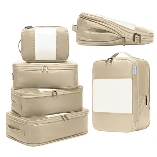 6 Pack Large Compression Packing Cubes for Travel (Cream / 6 Pack)