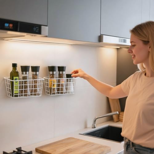 Hanging Kitchen Baskets For Storage Adhesive Sturdy Small Wire Storage Baskets No Drilling Wall Mounted Kitchen Food Pantry Bathroom Shelf Storage (White / 4 PACK)