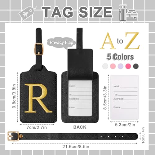 Personalized Initial Luggage Tags for Suitcase TSA Approved (Black Leather,glod Letter / R)