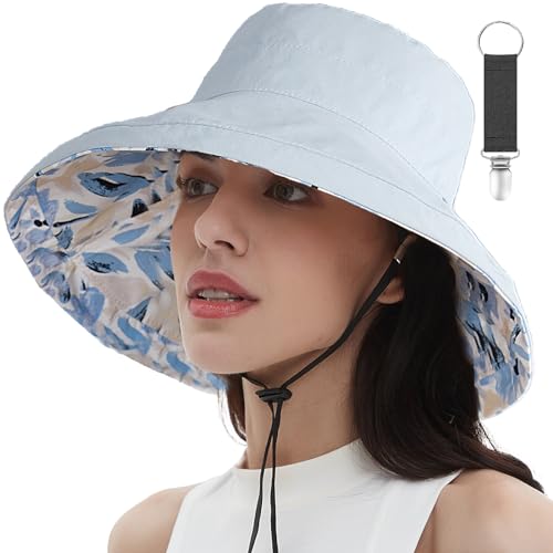 Womens Sun Hats Wide Brim Reversible Bucket Cotton Hat Packable Summer Travel Cap with Hat Clip (Medium / Blue)