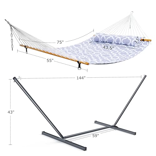 Double Hammock with Stand 500lbs Heavy Duty Outdoor Two Person Round (White)