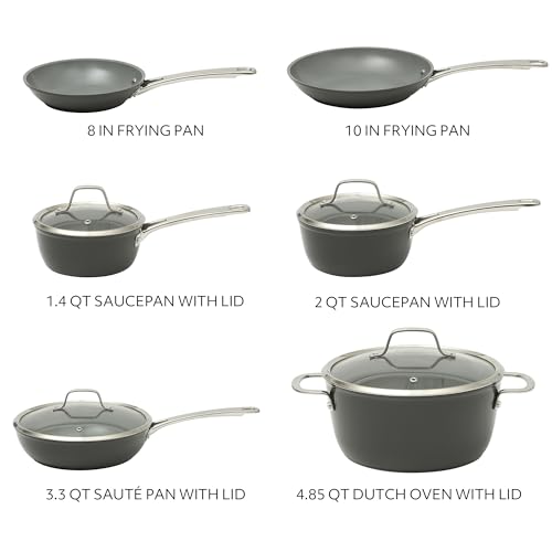 Kitchen Essentials Cool Commune Hard Anodized 10 Piece PFA Free Ceramic Non stick Interior Forged Durable Aluminum Pots and Pans Cookware Set (10-Piece Cookware Set (Hard Anodized Aluminum) / Black (Hard Anodized Aluminum))