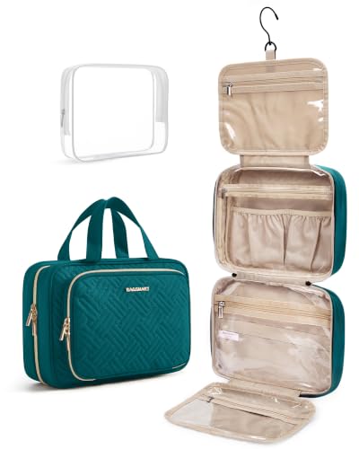 Toiletry Bag Hanging Travel Makeup Organizer with TSA Approved Transparent Cosmetic Bag Makeup Bag for Full Sized Toiletries (Sage Green / Medium)