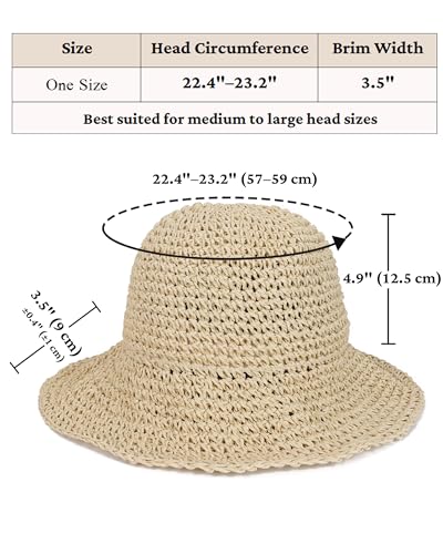 Womens Crochet Straw Sun Hat Foldable Floppy Wide Brim Beach Hat for Summer (One Size / Beige)