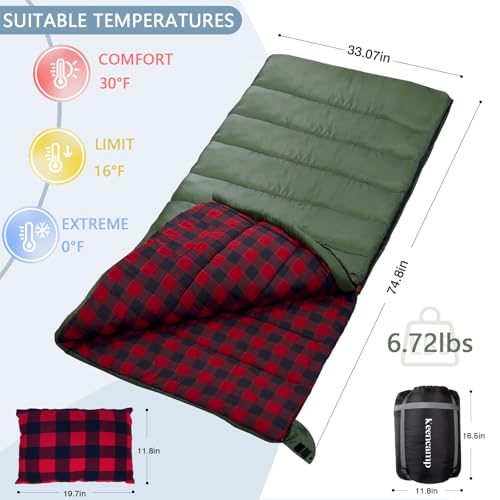 0 Degree Sleeping Bag Cotton Flannel Winter Cold Weather for Adults XXL Sleeping Bag 4 Season Big and Tall with Pillow Compression Sack (OLIVE)