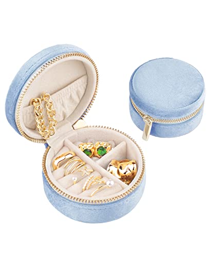 Plush Velvet Travel Jewelry Box (R-Ocean Blue / Small Round)