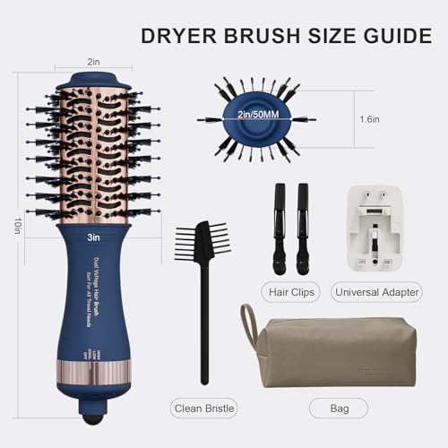 Dual Voltage Travel Hair Dryer Brush (50mm Oval / Prussian Blue&rose Gold)