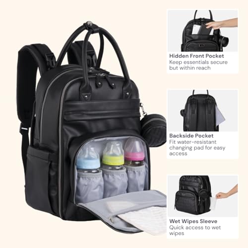 Leather Diaper Bag Backpack (Vegan Leather Black / Large)