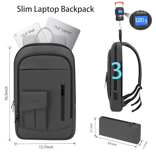 Business Backpack for Men Slim Lightweight Laptop Backpack Water Resistant Small Office Backpack for Commute Travel Daily Office Work with Small Bag (15.6" / With Pocket / Grey)