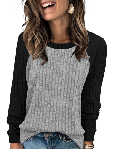 Womens Tops Long Sleeve Shirts Sweaters for Women Fall Teacher Outfits (Small / Black Grey)