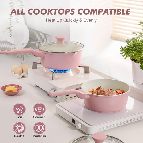 Ceramic Nonstick Saucepan with Lid 1.5 QT (Sakura Pink / 1.5 Quarts)