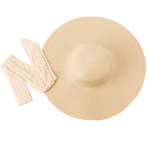 Wide Brim Sun Hat for Women Floppy Straw Hat Summer Beach Hats Fashionable Trendy Hats Sun Protection UPF 50+ (1 Pc：beige+white Dot Hat, 4.7" Brim)