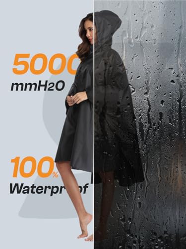 Adult Rain Poncho Waterproof Hooded Zipper Raincoat with Pockets (One Size / Black)