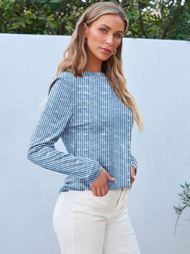 Long Sleeve Shirts for Women Casual Crewneck Tops Basic Tees (XX-Large / Bluestripes)