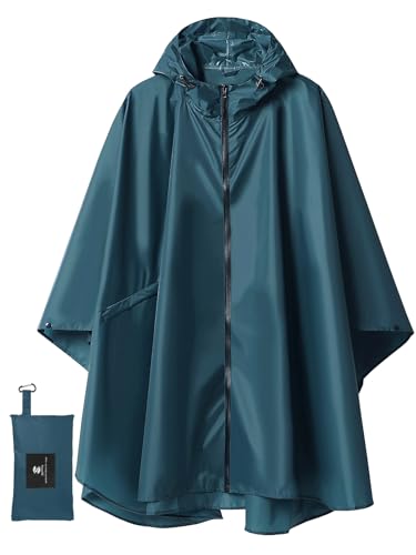 Adult Rain Poncho Waterproof Hooded Zipper Raincoat with Pockets (One Size / Deep Blue)