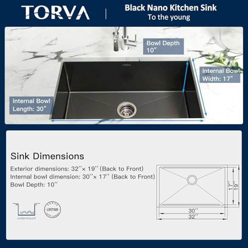 32 x 19 Inch Gloss Black Ceramic Coating with NanoTek Undermount Kitchen Sink (32 x 19 x 10 Inch / Dark Gray)