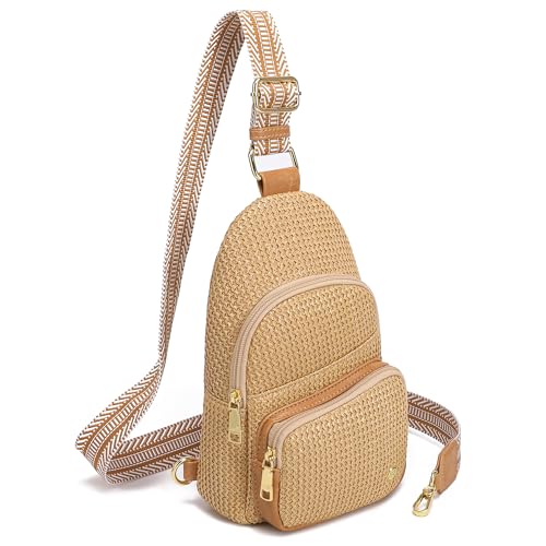 Faux Straw Crossbody Bags for Women Small RFID Summer Sling Bag (Classic Khaki)