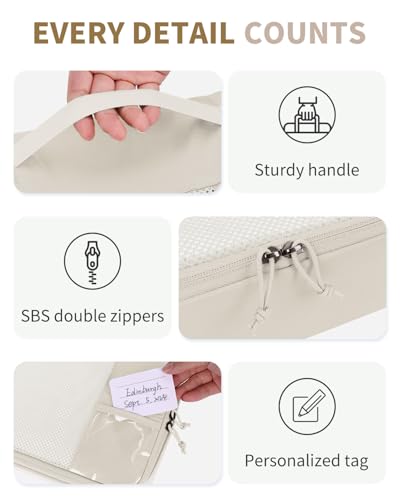 6 Set Packing Cubes for Travel Durable Suitcase Organizer Bags Set with Personalized Tag Travel Essentials with Shoe Bag Traveling Accessories for Luggage Machine Washable (Set of 6 / No Compress-Beige)