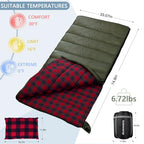 0 Degree Sleeping Bag Cotton Flannel Winter Cold Weather for Adults XXL Sleeping Bag 4 Season Big and Tall with Pillow Compression Sack (GREEN)
