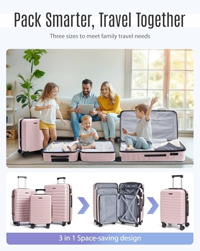 Luggage Sets 3 Pcs Suitcase with Wheels (Pink / 3-Piece Set-20 Inch/24 Inch/28 Inch)