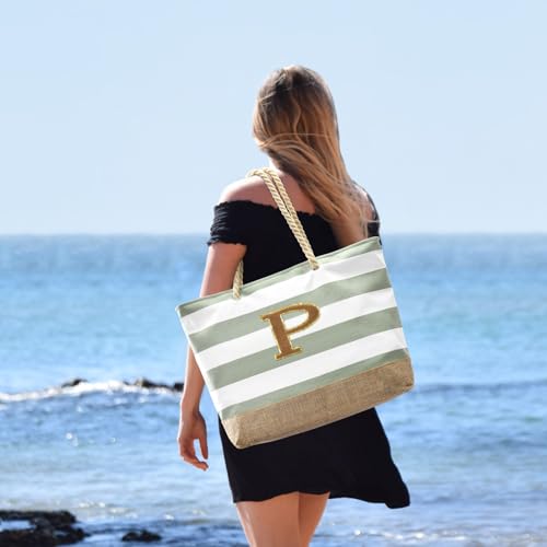 Beach Bag Initial Beach Tote with Makeup Bag for Travel (Light Green / P)