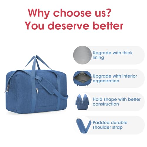 Carry on luaggage 22x14x9 Airlines Approved Foldable Carry on Bag Travel Duffel Packable Duffle Overnight for Women and Men 40L (Y-Navy Blue / 40L)