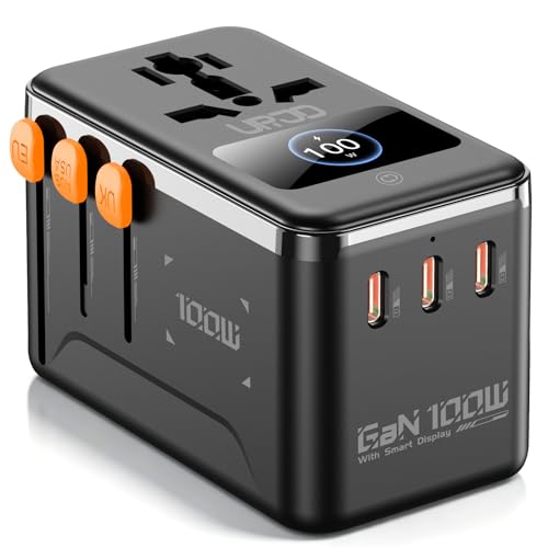 GaN 100W Universal Travel Adapter with Smart Display & 4 USB C (GaN100W with Smart Display-Black)