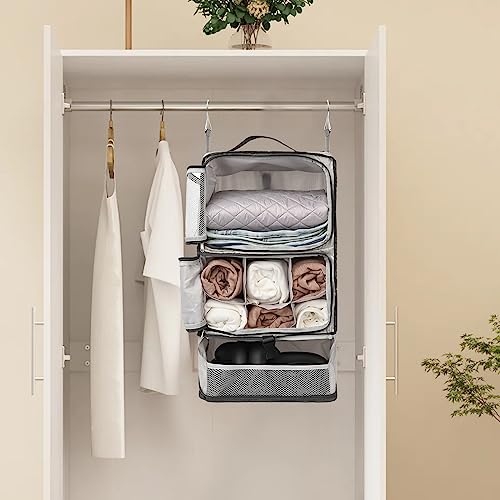 Travel Portable Hanging Shelves Closet Organizer Packing Luggage Storage with Multifunctional and Foldable Invisible Compartment (Light Grey / X-Large)