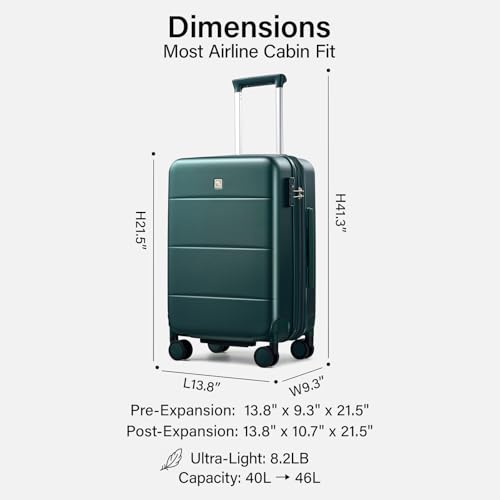 Carry On Luggage 22x14x9 Airline Approved Hardside 20 Inch Suitcase (Blackish Green / 20 Inch EXT)