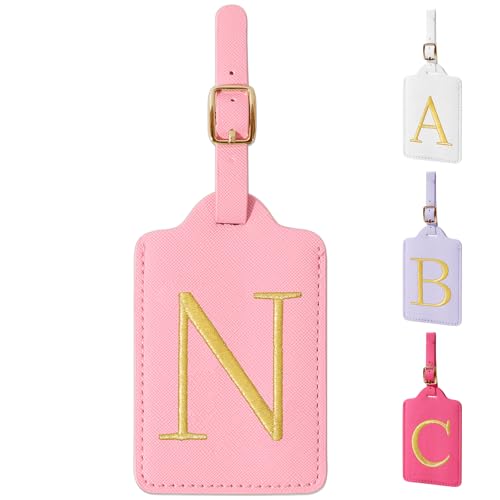Personalized Initial Luggage Tags for Suitcase (Pink Leather,glod Letter / N)