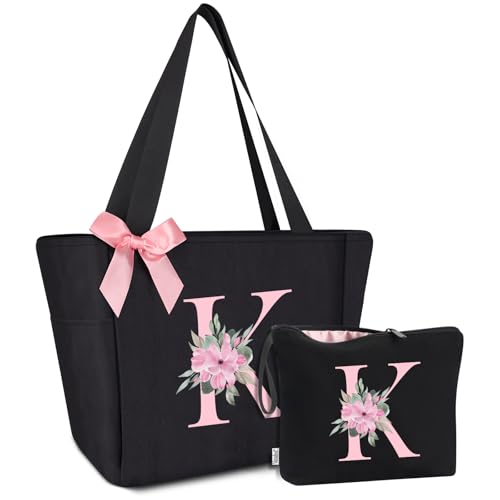 Tote Bag, A-Z Initial Monogrammed Waterproof Tote Bag, Bridesmaid Gifts for Women, Black and Pink (K, Black Set) (Black Set)