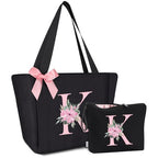 Tote Bag, A-Z Initial Monogrammed Waterproof Tote Bag, Bridesmaid Gifts for Women, Black and Pink (K, Black Set) (Black Set)