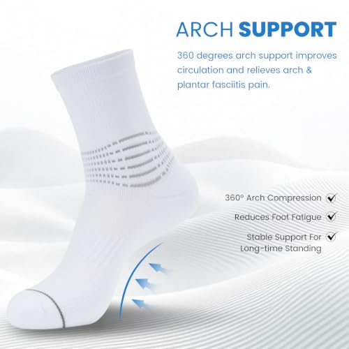 Crew Compression Socks for Women Men with Ankle Arch Support Plantar Fasciitis Relief 3 Pairs (Large / White(3 Pairs))