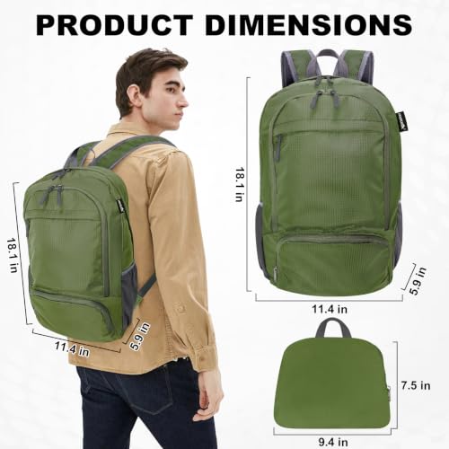 20L lightweight packable Hiking Daypack Foldable Backpack for Men Women Small Travel Outdoor Foldable Shoulder Bag (Army Green)