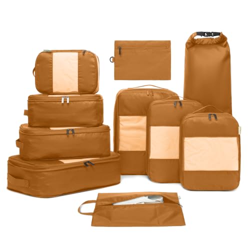 10 Pack Large Compression Packing Cubes for Travel (Caramel / 10 Pack)