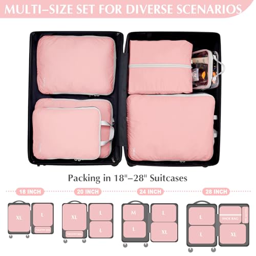 6 Piece Compression Packing Cubes with Shoe Bag (6-Pink / 6 Set)