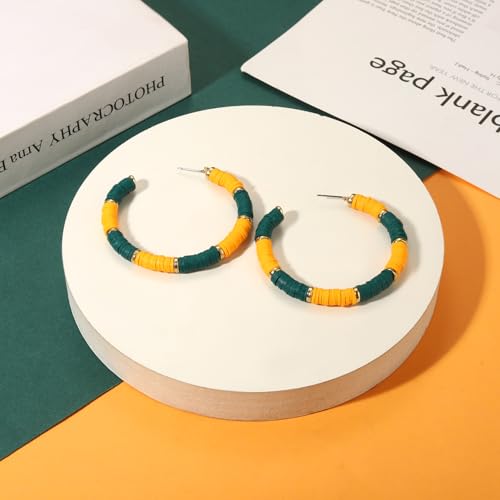 Game Day Earrings Football Baseball Earrings for Women Sports Team Heishi Hoop Earring Football Accessories Outfits Cheer Mom Essentials Fall Sports Must Haves Cheer Gifts (Green Yellow)