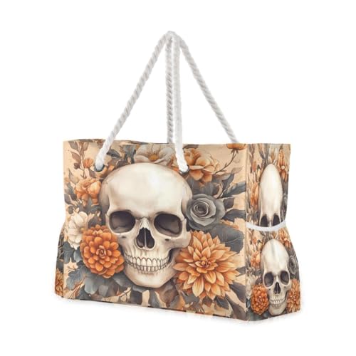 Large Beach Bags Totes Canvas Tote Shoulder Bag Soft Wave Water Resistant Bags for Gym Travel Daily Ocean (Skeleton Flower)