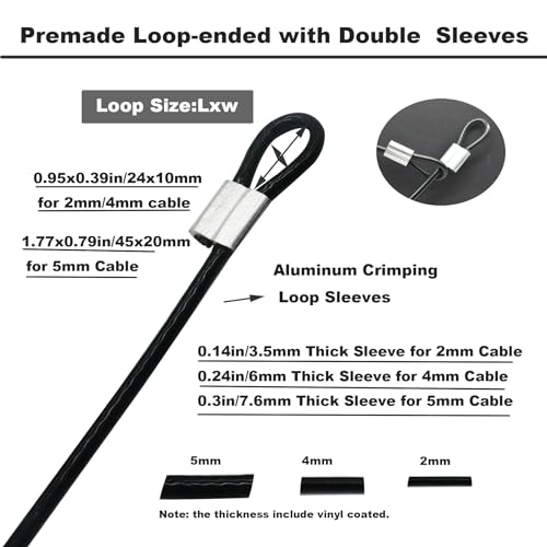 5 Pcs 5mm Wire 24 inch Vinyl Coated Stainless Steel Cable with Loops Short Wire Rope Lanyard Lock Security Chain Link for Outdoor Gates (5mm(T) X 24 in(L) 5PCS / Black)