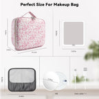 Travel Makeup Bag with LED Mirror Toiletry Bag for women with 10x magnifying glass (Red Flower / With LED Mirror and 10x Magnifying Glass)