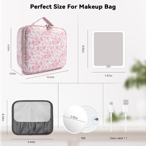 Travel Makeup Bag with LED Mirror Toiletry Bag for women with 10x magnifying glass (Red Flower / With LED Mirror and 10x Magnifying Glass)