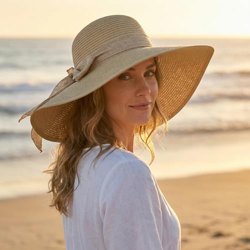 Women Wide Brim Bow Straw Hat Floppy Foldable Beach Sun Hat Roll up Cap UPF 50+ Khaki (Aca Khaki 5.9' Brim)