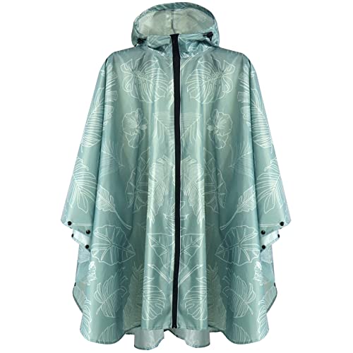 Waterproof Rain Poncho for Women Packable Hooded Raincoat with Pocket (Green Leaf)