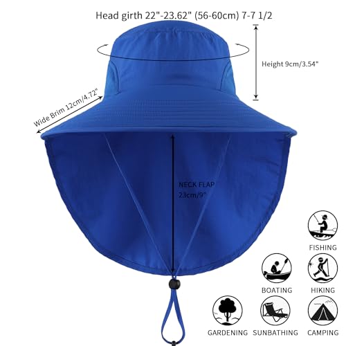 Outdoor UPF50+ Sun Hat Wide Brim Mesh Fishing Hat with Neck Flap (Large-X-Large / Bright Blue)