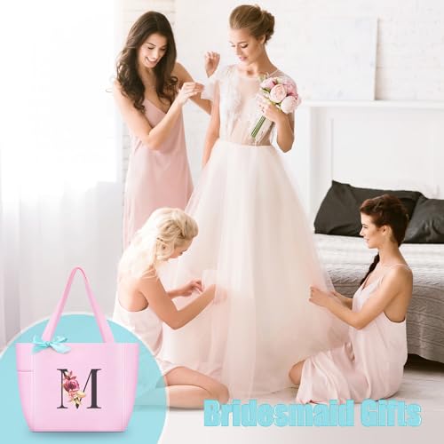 Tote Bag, A-Z Initial Monogrammed Waterproof Tote Bag, Bridesmaid Gifts for Women, Black and Pink (M, Pink) (Pink)