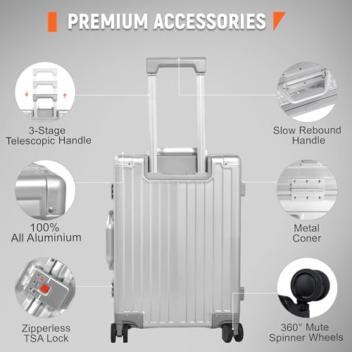 All Aluminum Carry On Luggage 22x14x9 Airline Approved Heavy Duty Hard Shell Suitcases Zipperless Suitcase with TSA Lock (Silver / 20-Inch)