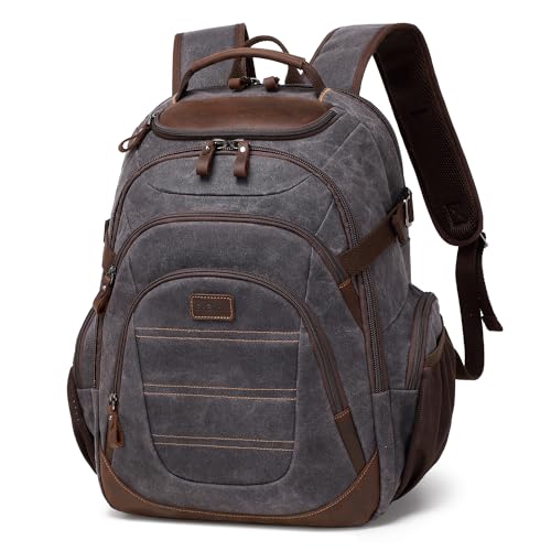 Travel Laptop Backpack 17.3 inch XL Computer Backpack for Men Waxed Canvas College Daypack Business Backpack Black Gray (Black Gray)