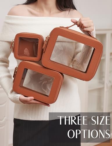 Clear Makeup Bag Toiletry Case Travel Transparent Cosmetic Bag with Zipper (Brown / Large Luxe)
